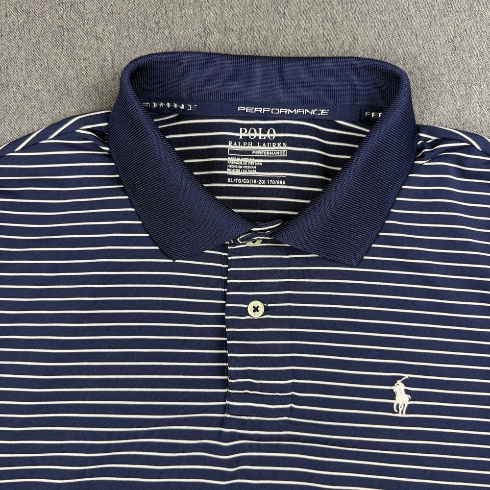 Polo Ralph Lauren Striped Performance Shirt Navy White Boys Sz XL 18-20 Stretch